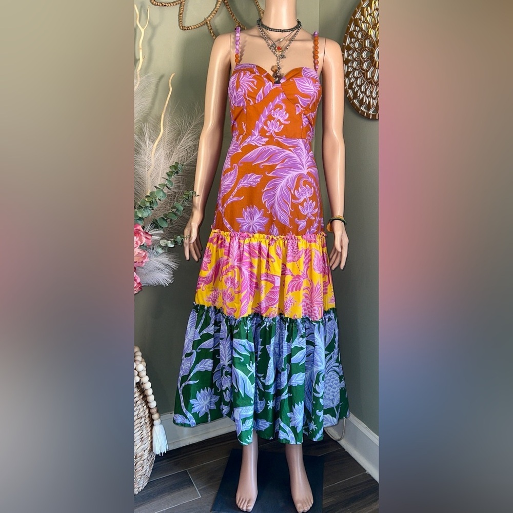 FARM Rio Tropical Colorblock Pineapple Floral Tiered Midi Dress Large - Picture 5 of 16